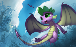 Size: 5200x3200 | Tagged: safe, artist:auroriia, spike, twilight sparkle, twilight sparkle (alicorn), alicorn, bird, dragon, roc, molt down, cloud, flying, male, open mouth, rock, silhouette, sky, solo, winged spike