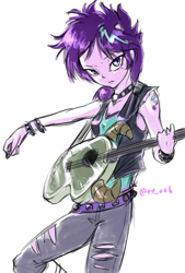 Size: 1377x2039 | Tagged: safe, artist:oberon826, starlight glimmer, equestria girls, the parent map, alternative cutie mark placement, choker, clothes, cutie mark, cutie mark on equestria girl, equestria girls interpretation, female, guitar, jeans, looking at you, messy mane, pants, punk, ripped pants, scene interpretation, shoulder cutie mark, simple background, solo, white background, wristband
