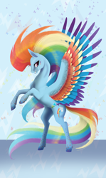 Size: 1280x2148 | Tagged: safe, artist:oneiria-fylakas, rainbow dash, pegasus, pony, colored wings, female, mare, multicolored wings, rainbow power, rainbow wings, rearing, solo, spread wings, wings