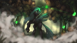 Size: 4000x2250 | Tagged: safe, artist:blackligerth, queen chrysalis, changeling, changeling queen, the mean 6, everfree forest, female, forest, former queen chrysalis, magic, solo, tree