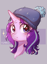 Size: 998x1338 | Tagged: safe, artist:worldlofldreams, starlight glimmer, pony, unicorn, the mean 6, abstract background, beanie, bust, cute, female, glimmerbetes, hat, heart eyes, looking at you, mare, messy mane, portrait, smiling, solo, wingding eyes