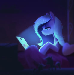 Size: 2965x3000 | Tagged: safe, artist:imalou, princess luna, alicorn, pony, 4chan, bed, computer, digital art, female, laptop computer, lidded eyes, mare, missing horn, night, s1 luna, solo