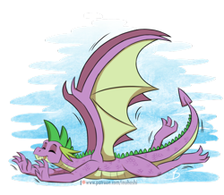 Size: 1024x894 | Tagged: safe, artist:inuhoshi-to-darkpen, spike, dragon, molt down, behaving like a cat, cute, older, older spike, patreon, patreon logo, signature, simple background, stretching, transparent background, winged spike