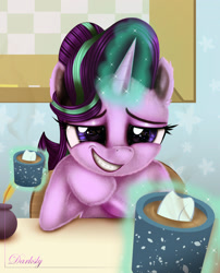Size: 2052x2539 | Tagged: safe, artist:darksly, starlight glimmer, pony, unicorn, marks for effort, chocolate, desk, empathy cocoa, food, glowing horn, grin, hot chocolate, marshmallow, scene interpretation, smiling, solo
