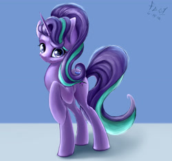 Size: 3000x2800 | Tagged: safe, artist:foughtdragon01, starlight glimmer, pony, unicorn, female, looking at you, mare, raised hoof, signature, simple background, smiling, solo