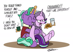 Size: 2384x1694 | Tagged: safe, artist:bobthedalek, firelight, starlight glimmer, pony, unicorn, the parent map, blanket, cookie, dialogue, father and child, father and daughter, fathers gonna father, female, food, headscarf, hug, magic, male, milk, parent and child, scarf, starlight is not amused, unamused