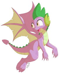 Size: 1450x1796 | Tagged: safe, artist:spirit-1, spike, dragon, molt down, flying, looking back, male, open mouth, pleased, simple background, solo, transparent background, winged spike