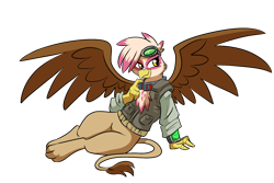 Size: 1500x1000 | Tagged: source needed, safe, artist:madmax, oc, oc only, oc:paharita, griffon, fallout equestria, fallout equestria: anywhere but here, clothes, fanfic art, female, goggles, pipbuck, simple background, solo, spread wings, sultry pose, transparent background, wings