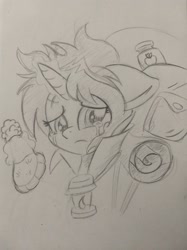 Size: 1280x1707 | Tagged: safe, artist:zemer, starlight glimmer, pony, unicorn, the mean 6, 30 minute art challenge, backpack, crying, glowing horn, hat, lamp, messy mane, monochrome, solo, traditional art
