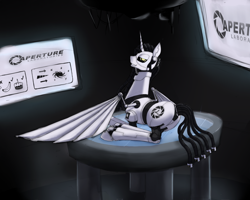 Size: 1500x1200 | Tagged: safe, artist:panzerwaffe, oc, oc only, oc:molados, pony, robot, robot pony, aperture science, bedroom eyes, female, grin, lying, mare, plot, portal (valve), smiling, solo, spread wings, wings