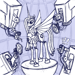 Size: 2000x2000 | Tagged: safe, artist:panzerwaffe, oc, oc only, oc:molados, pony, robot, robot pony, aperture science, exclamation point, female, grin, mare, monochrome, portal (valve), sketch, smiling, solo, spread wings, wings