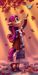 Size: 1443x2834 | Tagged: safe, artist:holivi, bon bon, sweetie drops, anthro, bird, earth pony, plantigrade anthro, autumn, beautiful, clothes, female, leaves, purse, shoes, skirt, socks, solo, soviet school uniform, tippy toes