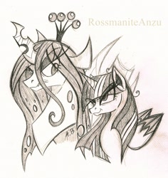 Size: 1585x1680 | Tagged: safe, artist:rossmaniteanzu, mean twilight sparkle, queen chrysalis, alicorn, changeling, changeling queen, the mean 6, clone, fake twilight, pencil drawing, sketch, traditional art