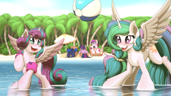 Size: 3840x2160 | Tagged: safe, artist:ohemo, princess cadance, princess celestia, princess flurry heart, princess luna, twilight sparkle, twilight sparkle (alicorn), alicorn, pony, 16:9, 4k, alicorn pentarchy, auntlestia, ball, beach, beach ball, beach umbrella, blushing, book, camera, covered, cute, cutedance, cutelestia, duo focus, eyes closed, female, filly, floaty, flurrybetes, hairband, high res, island, leg fluff, looking at something, lunabetes, lying, mare, missing accessory, ocean, older, older flurry heart, on back, open mouth, outdoors, palm tree, playful, playing, princess, prone, raised leg, sand, sitting, sleeping, smiling, splashing, sports, spread wings, standing, summer, taking a photo, that pony sure does love books, tree, twiabetes, umbrella, volleyball, wading, wall of tags, wallpaper, watching, water, water wings, wide eyes, wing fluff, wings, younger