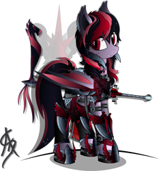 Size: 1600x1716 | Tagged: safe, artist:aleriastarlight, oc, oc only, oc:stella sanguina, bat pony, pony, armor, badass, bat pony oc, boots, clothes, collar, cute, cute little fangs, cutie mark background, dark phoenix, digital art, dungeons and dragons, epic, fangs, fantasy class, female, jewelry, knight, leg strap, leggings, lidded eyes, mare, necklace, paladin, shoes, signature, simple background, solo, style emulation, sword, transparent background, vector, warrior, weapon, wingding eyes, wings