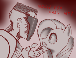Size: 900x694 | Tagged: safe, artist:sigmatura, fluttershy, pegasus, pony, crack shipping, crossover, grammar error, looking at each other, monochrome, quake 3 arena, scared, shipping, visor (quake)