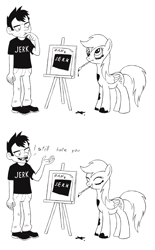 Size: 870x1400 | Tagged: safe, artist:sigmatura, derpy hooves, human, pony, comic, crossover, dan, dan vs, drawing, easel, monochrome, paintbrush