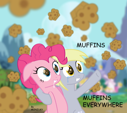 Size: 6928x6157 | Tagged: safe, artist:monzuky, derpy hooves, pinkie pie, earth pony, pony, absurd resolution, crying, drool, duo, female, food, happy, mare, meme, muffin, x x everywhere