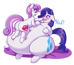 Size: 1280x1128 | Tagged: safe, artist:graphenescloset, rarity, sweetie belle, pony, unicorn, adorafatty, belly, belly bed, big belly, chubbity, cookie, cute, fat, feedee, feeder, female, floppy ears, food, force feeding, huge belly, impossibly large belly, large belly, mare, morbidly obese, obese, plot, raritubby, stomach noise, stuffed, sweetie butt, the ass was fat