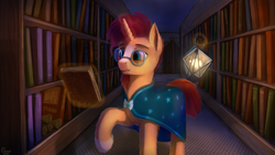 Size: 1920x1080 | Tagged: safe, artist:quvr, sunburst, pony, unicorn, book, bookshelf, glasses, lantern, library, male, scroll, solo