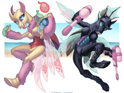 Size: 1280x965 | Tagged: safe, artist:loupgarou, oc, oc only, oc:june blossom, oc:june rose, anthro, changedling, changeling, unguligrade anthro, armpits, barbie doll anatomy, birthday ponies, birthflower, birthstone, cloven hooves, duo, female, squirt gun, water balloon, water pistol, wings