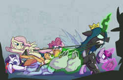 Size: 5100x3300 | Tagged: safe, artist:zanefir-dran, discord, mean applejack, mean fluttershy, mean pinkie pie, mean rainbow dash, mean rarity, mean twilight sparkle, queen chrysalis, screwball, skellinore, alicorn, changeling, changeling queen, earth pony, pegasus, pony, unicorn, the break up breakdown, the mean 6, absurd resolution, clone, clone six, daddy discord, evil rainbow dash, eyes closed, former queen chrysalis, glowing horn, greed, groceries, levitation, magic, mane six, mean six, mommy chrissy, telekinesis