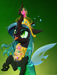 Size: 1000x1323 | Tagged: safe, artist:deusexequus, queen chrysalis, changeling, changeling queen, big crown thingy, crown, elements of harmony, female, happy, jewelry, regalia, solo, tongue out, xk-class end-of-the-world scenario