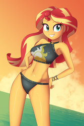 Size: 1280x1920 | Tagged: safe, alternate version, artist:zelc-face, sunset shimmer, human, better together, equestria girls, adorasexy, armpits, beach babe, beautiful, belly button, bikini, bikini babe, bikini bottom, black swimsuit, breasts, clothes, cute, cutie mark swimsuit, female, jeweled swimsuit, legs, looking at you, midriff, sexy, smiling, solo, summer sunset, sunset jiggler, swimsuit, thighs, wristband, zelc-face's swimsuits