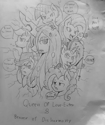 Size: 703x833 | Tagged: safe, artist:vavacung, queen chrysalis, changeling, changeling queen, earth pony, pegasus, pony, unicorn, the mean 6, bust, clone six, cross-popping veins, female, traditional art