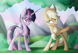 Size: 4816x3288 | Tagged: safe, artist:omnisimon11, applejack, mean applejack, mean twilight sparkle, twilight sparkle, twilight sparkle (alicorn), alicorn, earth pony, pony, the mean 6, bush, clone, cowboy hat, crepuscular rays, freckles, grass, hat, open mouth, raised hoof, scenery, stetson, tree