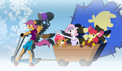 Size: 2678x1549 | Tagged: safe, artist:omegathedragon, apple bloom, babs seed, scootaloo, sweetie belle, anthro, unguligrade anthro, cutie mark crusaders, helmet, scooter, wagon