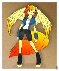 Size: 1270x1537 | Tagged: safe, artist:omegathedragon, oc, oc only, oc:levin fiery, anthro, pegasus, unguligrade anthro, arm hooves, breasts, earbuds, female, smiling, smirk, solo