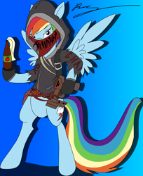 Size: 980x1203 | Tagged: safe, artist:omegathedragon, rainbow dash, pegasus, pony, semi-anthro, bandana, brink, clothes, crossover, female, gradient background, gun, hoodie, mare, molotov cocktail, solo, weapon