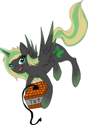 Size: 2537x3593 | Tagged: safe, artist:omegathedragon, oc, oc only, alicorn, pony, alicorn oc, explosives, female, flying, mare, minecraft, open mouth, simple background, solo, tnt, transparent background