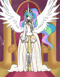 Size: 638x825 | Tagged: safe, artist:neferity, princess celestia, alicorn, human, clothes, crown, dress, female, horned humanization, humanized, jewelry, regalia, solo, spread wings, throne, winged humanization, wings