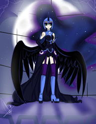 Size: 638x825 | Tagged: safe, artist:neferity, nightmare moon, alicorn, human, castle of the royal pony sisters, clothes, dress, female, horned humanization, humanized, moon, night, solo, winged humanization, wings