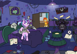 Size: 1280x905 | Tagged: safe, artist:calena, starlight glimmer, sunburst, unicorn, the parent map, bedroom, bits, book, boots, bracelet, colt sunburst, drums, easter egg, edgelight glimmer, emo, eyeball, female, filly, filly starlight glimmer, football, goth, guitar, headcanon, horns, implied oc, jewelry, kite, lampshade, pigtails, shoes, skateboard, skull, sports, starlight's room, subwoofer, teenage glimmer, teenager, younger