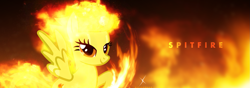 Size: 1833x647 | Tagged: safe, artist:alterhouse, spitfire, pegasus, pony, abstract background, female, fire, lidded eyes, looking at you, mane of fire, mare, raised hoof, smiling, solo, spitfiery, spread wings, wings