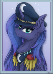 Size: 1600x2224 | Tagged: safe, artist:check3256, princess luna, alicorn, pony, bust, female, hat, looking at you, mare, military uniform, portrait, solo