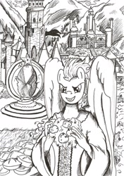 Size: 1644x2336 | Tagged: safe, artist:witkacy1994, soarin', anthro, pegasus, apple, conflux, crossover, food, heroes of might and magic, heroes of might and magic 3, magic, monochrome, pie, solo, traditional art