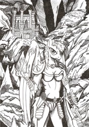 Size: 1640x2336 | Tagged: safe, artist:witkacy1994, princess luna, alicorn, anthro, crossbow, crossover, dungeon, female, heroes of might and magic, heroes of might and magic 3, monochrome, solo, traditional art