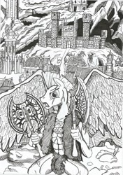 Size: 1648x2336 | Tagged: safe, artist:witkacy1994, thunderlane, anthro, pegasus, axe, battle axe, black and white, crossover, grayscale, heroes of might and magic, heroes of might and magic 3, male, monochrome, solo, stronghold, traditional art, weapon