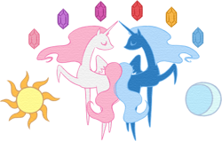 Size: 479x305 | Tagged: safe, artist:cheshire-no-neko, princess celestia, princess luna, alicorn, pony, duo, duo female, elements of harmony, female, minimalist, modern art, moon, raised hoof, royal sisters, side view, simple background, sisters, sun, transparent background