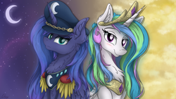 Size: 7680x4320 | Tagged: safe, artist:check3256, princess celestia, princess luna, alicorn, pony, absurd resolution, blushing, chest fluff, cloud, crescent moon, day, female, hat, looking at you, mare, moon, night, royal sisters, siblings, sisters, smiling, stars, transparent moon