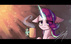 Size: 1300x800 | Tagged: safe, artist:sileentdo, starlight glimmer, pony, marks for effort, floppy ears, glowing horn, i mean i see, levitation, magic, magic aura, solo, telekinesis