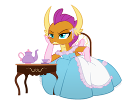 Size: 900x729 | Tagged: safe, artist:queencold, smolder, dragon, chair, claws, clothes, commission, cup, dragon wings, dragoness, dress, fangs, female, frown, gloves, gown, hilarious in hindsight, humiliation, leaning, long gloves, princess smolder, smolder also dresses in style, smolder is not amused, smoldere, solo, sulking, table, teacup, teapot, tomboy taming, transparent background, tsundere, wings