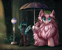 Size: 4500x3600 | Tagged: safe, artist:jadedjynx, queen chrysalis, oc, oc:fluffle puff, changeling, changeling queen, pony, :p, bus stop, canon x oc, chrysipuff, crossover, female, fluffy, frown, hoof hold, leaf, lesbian, macro, mare, my neighbor totoro, parody, rain, shipping, size difference, studio ghibli, tongue out, tree, tree branch, umbrella, unamused, wet
