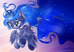 Size: 2000x1414 | Tagged: safe, artist:chaosangeldesu, princess luna, alicorn, pony, female, flying, mare, sketch, solo, traditional art