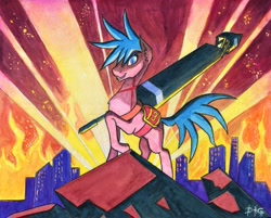 Size: 3466x2780 | Tagged: safe, artist:invalid-david, pony, anime, fire, galo thymos, male, painting, ponified, promare, solo, traditional art, watercolor painting