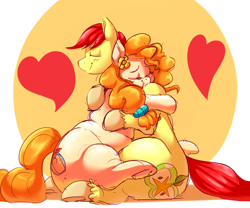 Size: 3000x2500 | Tagged: safe, artist:graphenescloset, artist:sirmasterdufel, bright mac, pear butter, earth pony, pony, the perfect pear, brightbutter, chubby, fat, female, hug, male, plump, shipping, straight